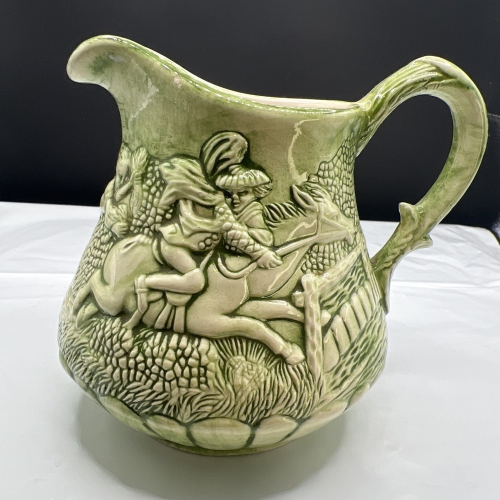 Vintage 1970 Tam O'Shanter Ceramic Pitcher Green Majolica Style Witches Pursuit